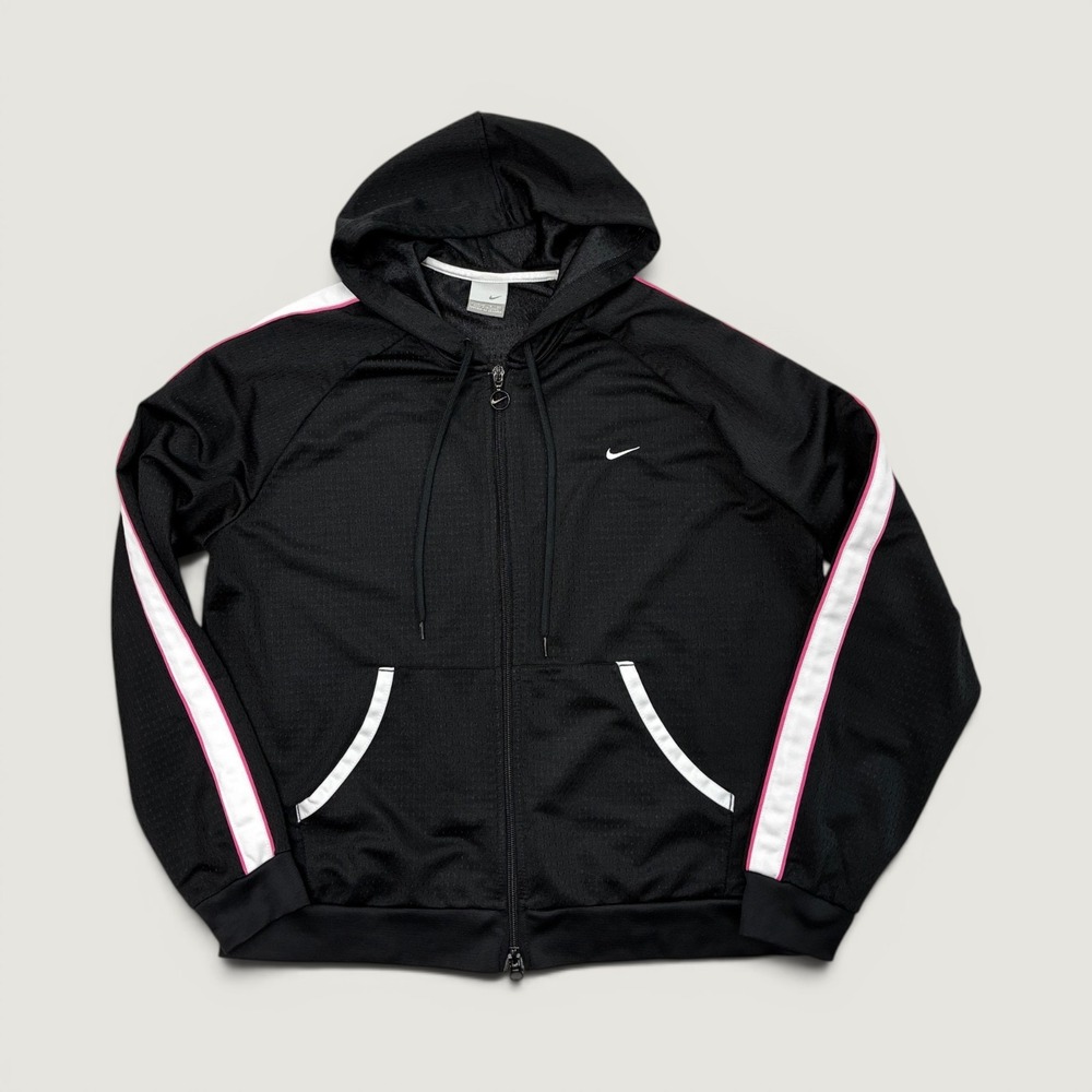 Nike Track Jacket Womens L Black Pink White Full Zip Hooded Mesh Sporty